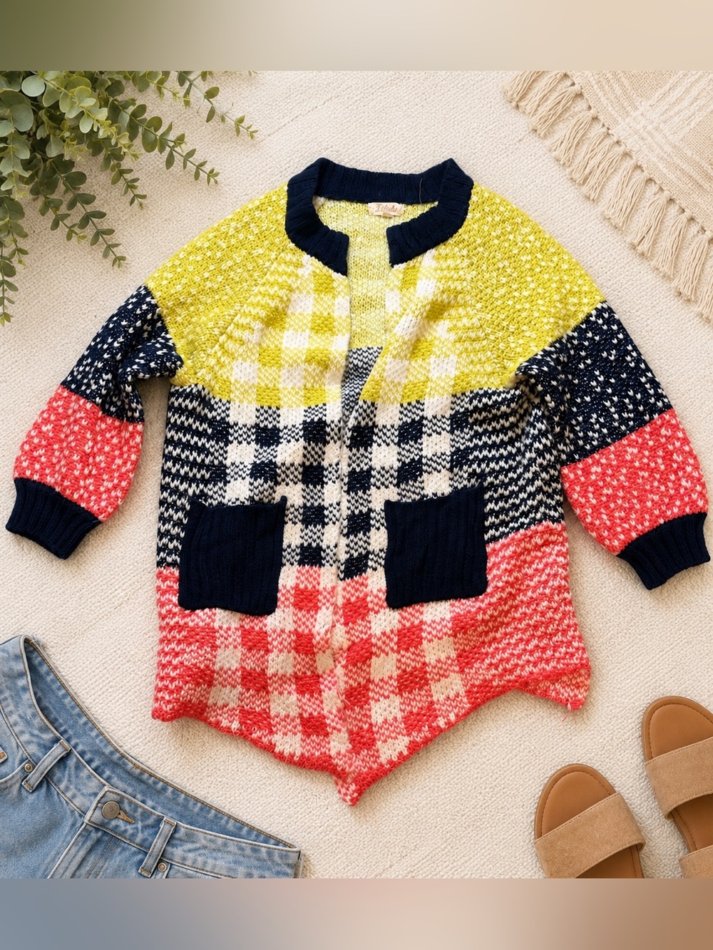Listicle Colorblock Chunky Knit Cardigan Medium Navy Lime Cream Oversized